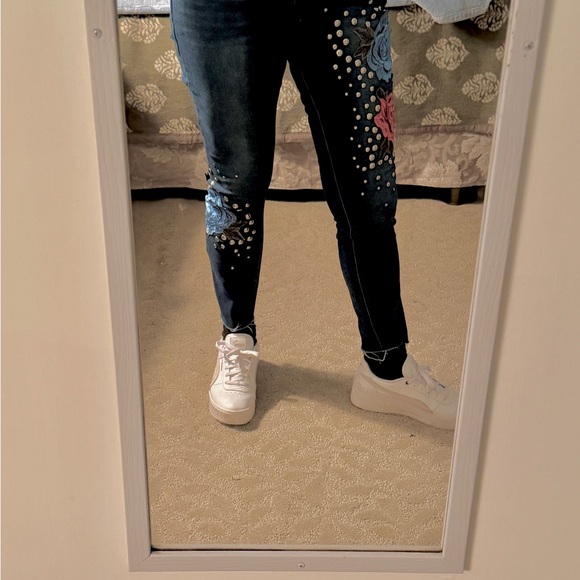 Boom Boom Jeans Dark Blue Skinny Jeans with Red & Light Blue Floral Appliqué - Picture 8 of 9